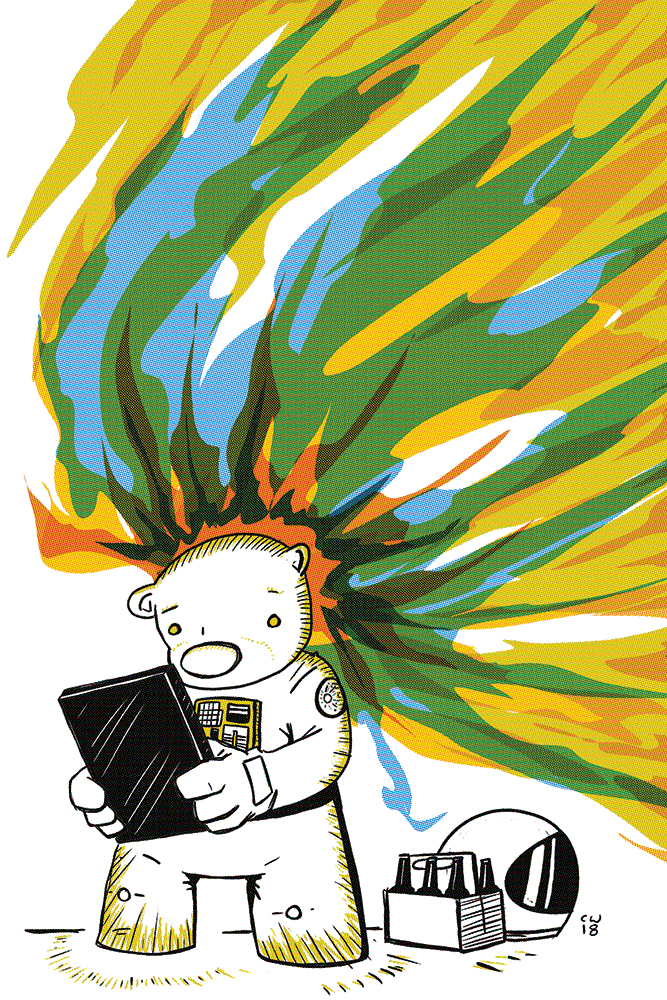 Digital art of a bear-like creature looking at a screen with bright streaks of color emanating from the back of its head. There is a helmet and 6 pack of bottles on the ground