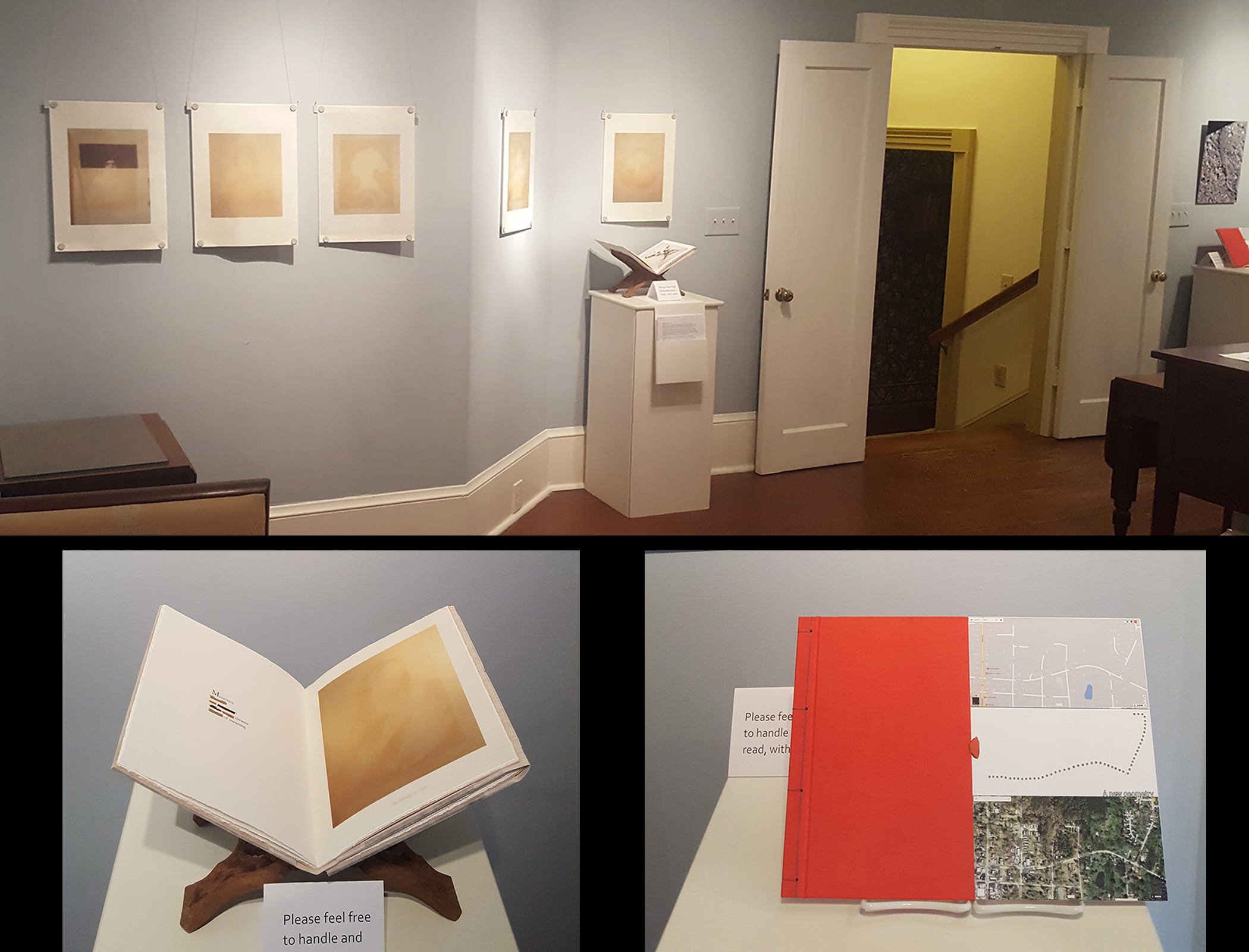 Three images from an art exhibit. Prints hanging on a wall, and two books open on pedestals