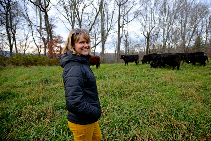 A woman stands in a field with a group of black cows in the background