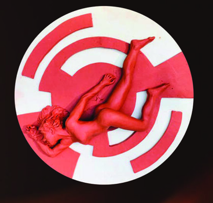A female figure sculpted in red clay. The figure is set against a red and white circular background.
